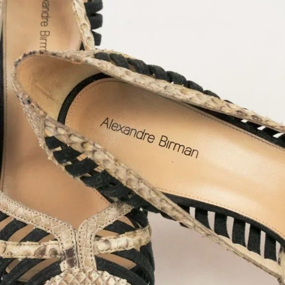 Alexandre Birman Betty Black Suede and Natural Python Peep-Toe Platform Pumps - Picture 7 of 7